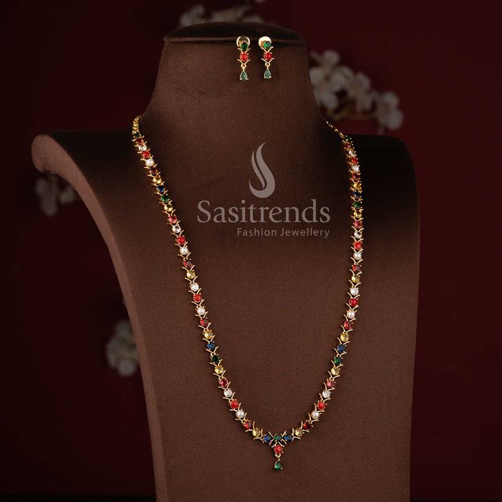 Traditional micro gold plated Navarathna long necklace set with colorful stones and American Diamonds.