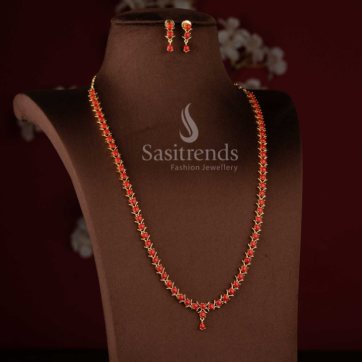 Beautiful micro gold plated American Diamond pavalam stone long necklace set by Sasitrends.