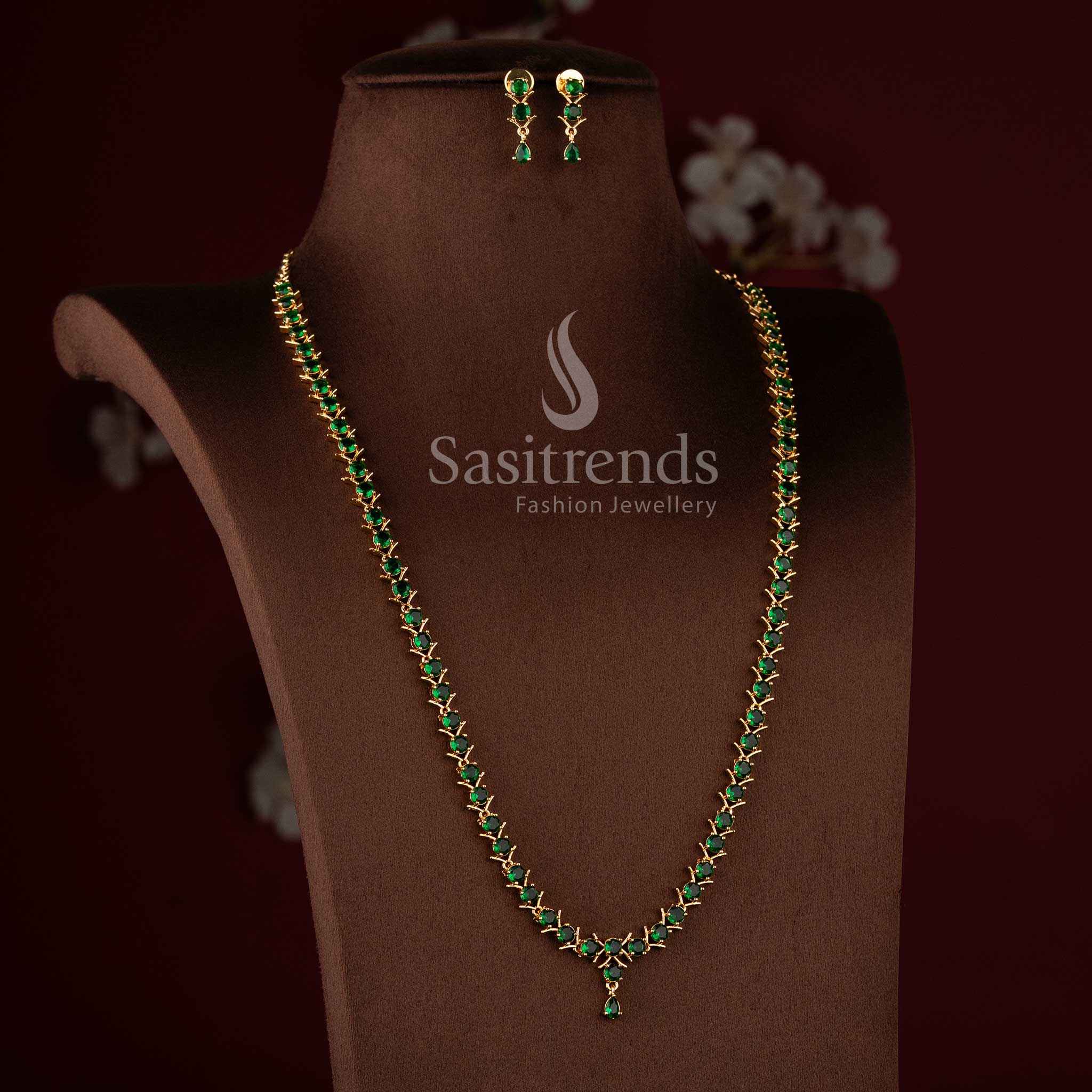 Traditional micro gold plated green stone long necklace jewellery set with AD stones.