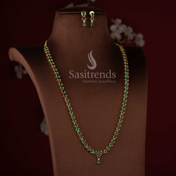 Traditional micro gold plated green stone long necklace jewellery set with AD stones.