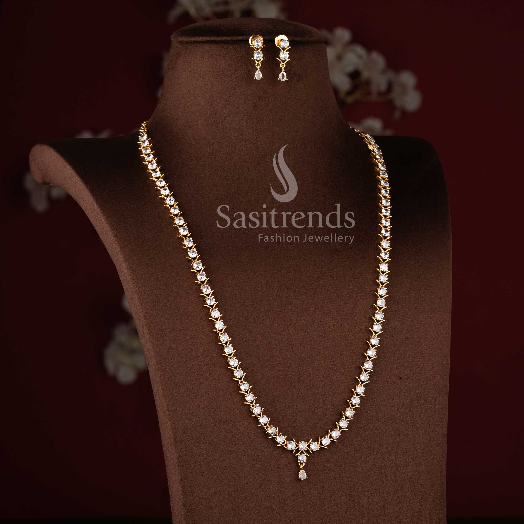 Beautiful micro gold plated American Diamond white stone long necklace set by Sasitrends.