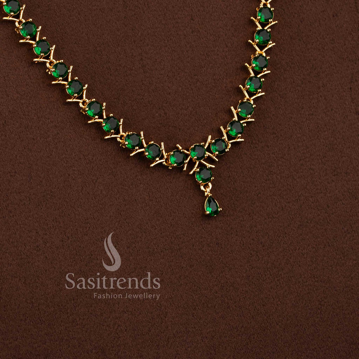 Elegant long necklace set with green stones and sparkling American Diamond accents for women.