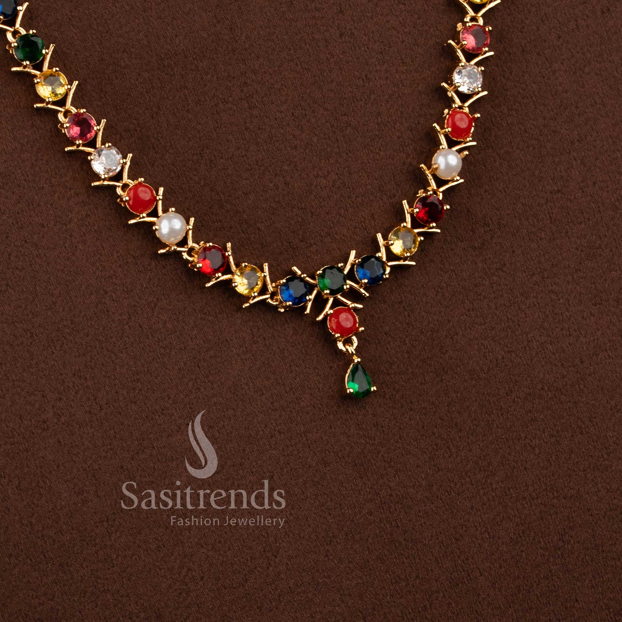 Elegant Navarathna stone long necklace jewellery set with sparkling AD stones for women.