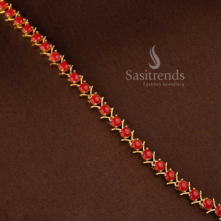 Elegant pavalam stone long necklace jewellery set with sparkling AD stones for women.