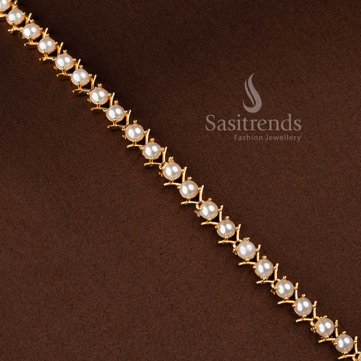 Elegant pearl long necklace jewellery set with sparkling AD stones for women.