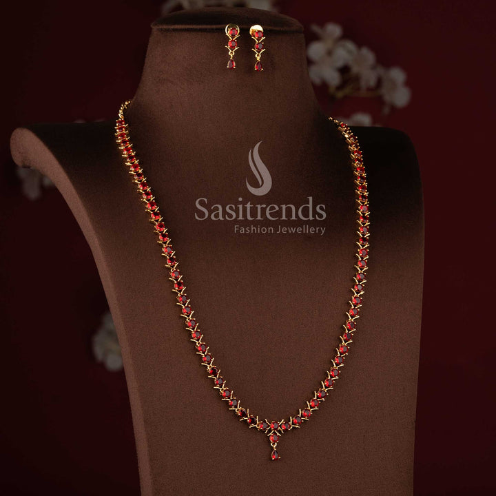 Traditional micro gold plated red stone long necklace set with American Diamond accents.
