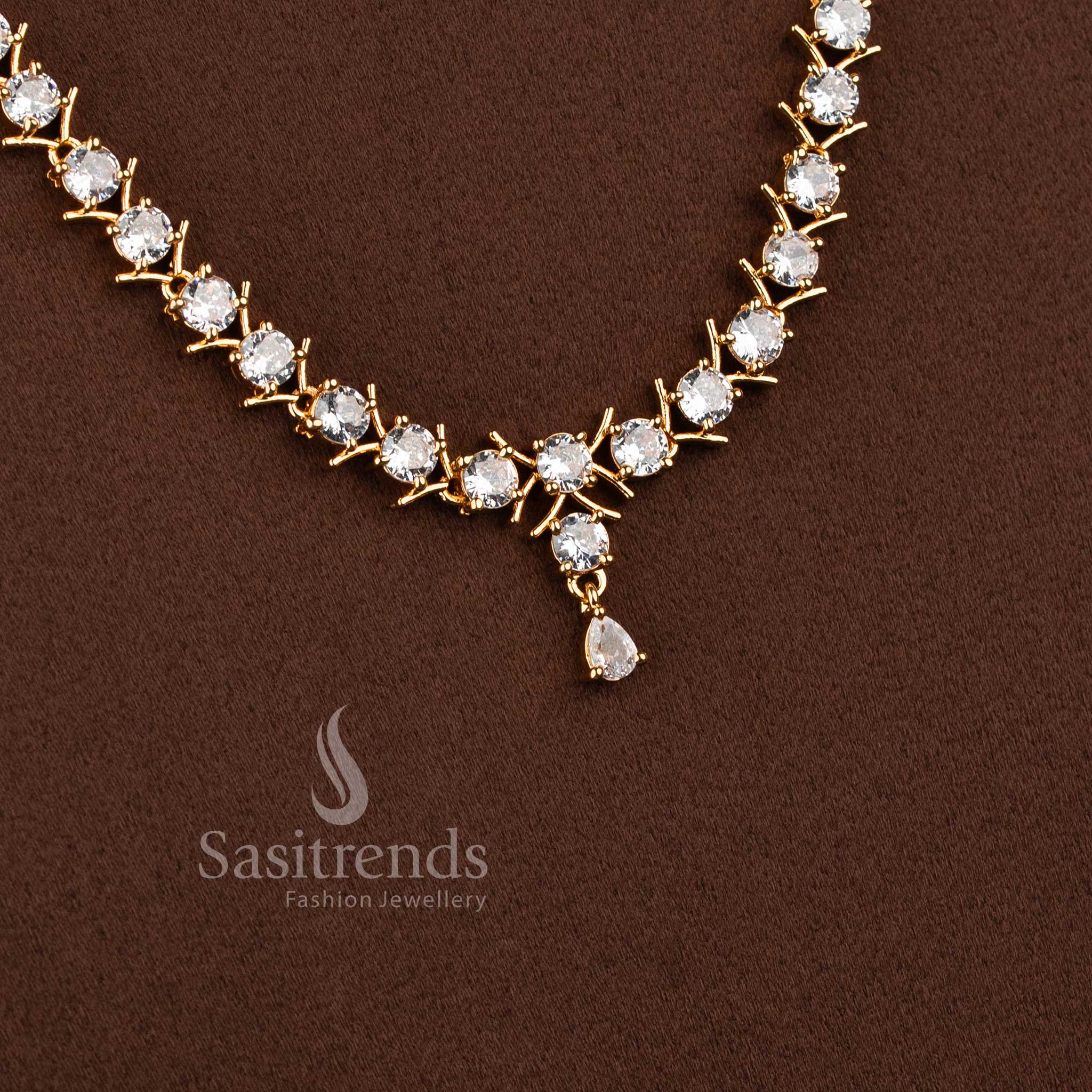Elegant white stone long necklace jewellery set with sparkling AD stones for women.