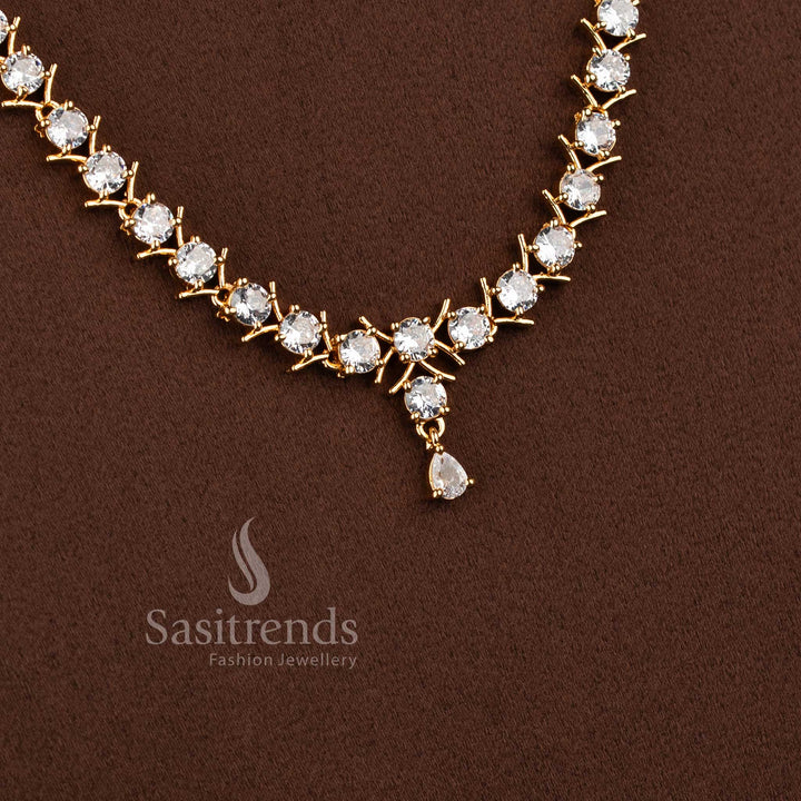 Elegant white stone long necklace jewellery set with sparkling AD stones for women.