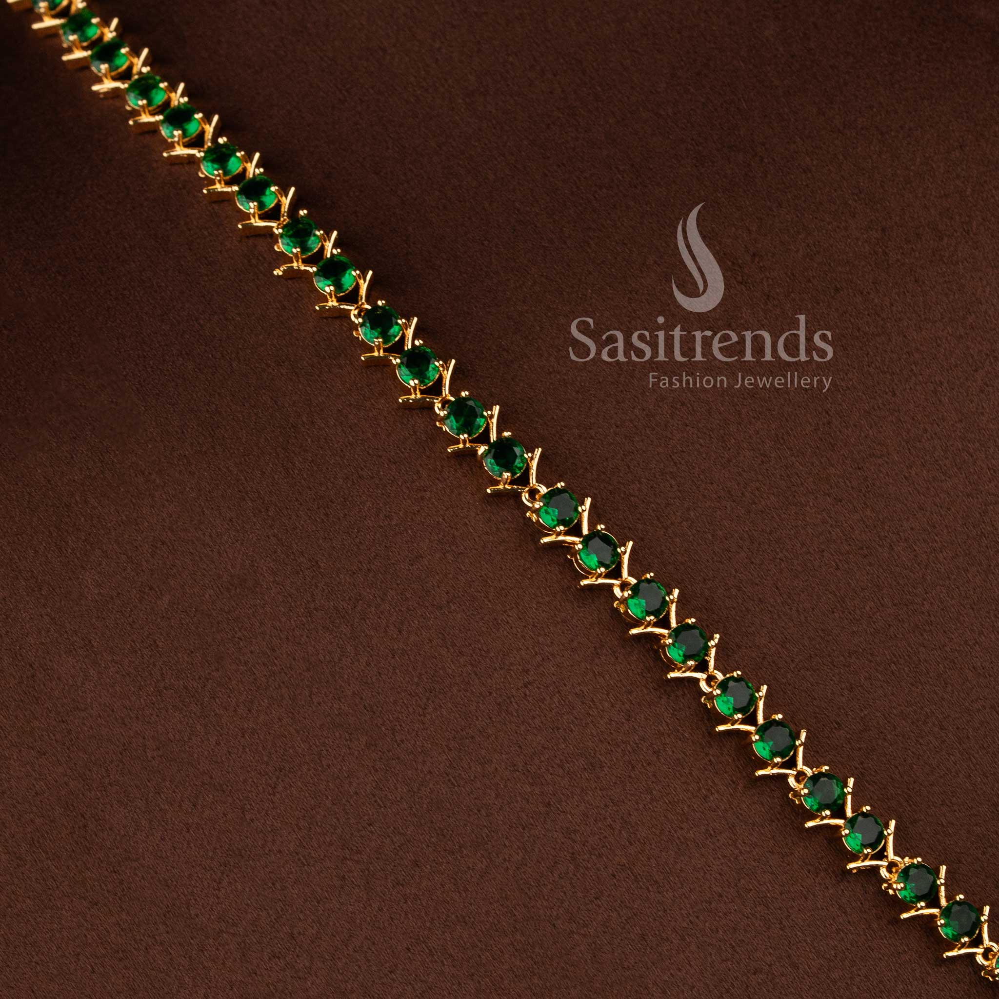 Beautiful micro gold plated American Diamond V-cut round green stone long necklace set by Sasitrends.