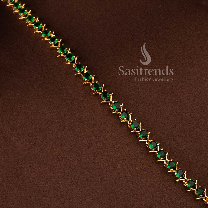 Beautiful micro gold plated American Diamond V-cut round green stone long necklace set by Sasitrends.