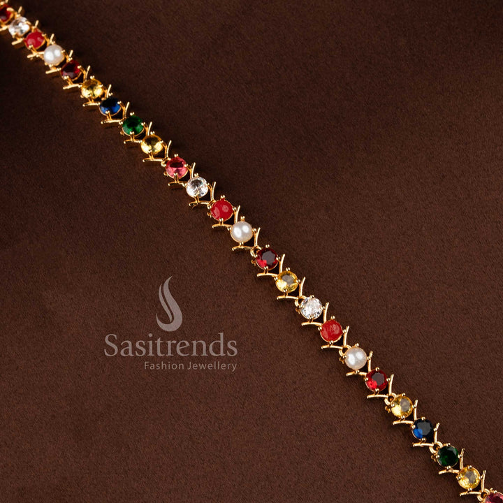 Elegant Navarathna stone long necklace jewellery set with sparkling AD stones for women.