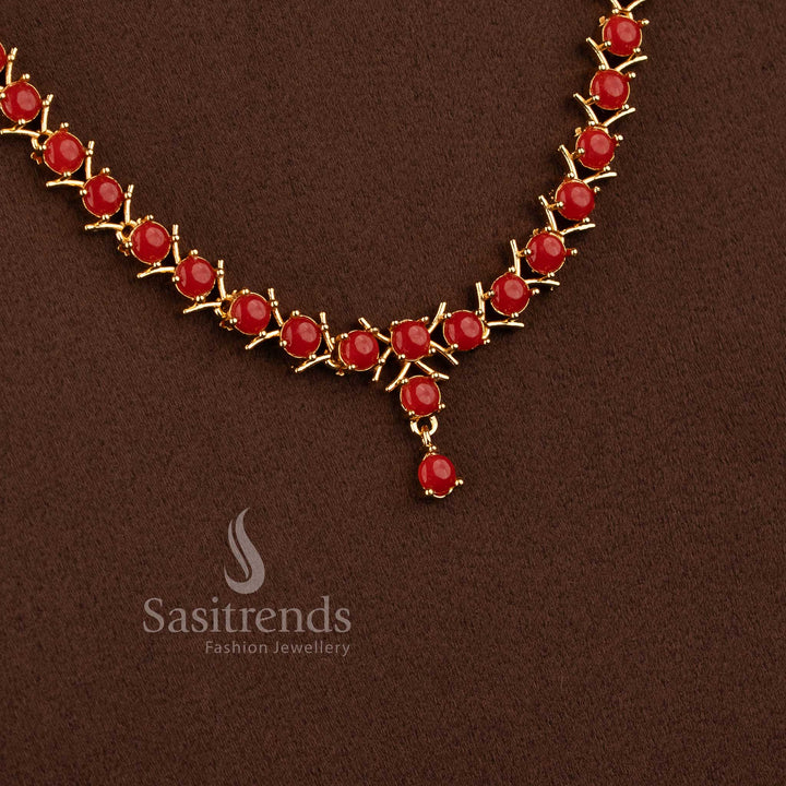 Elegant pavalam stone long necklace jewellery set with sparkling AD stones for women.