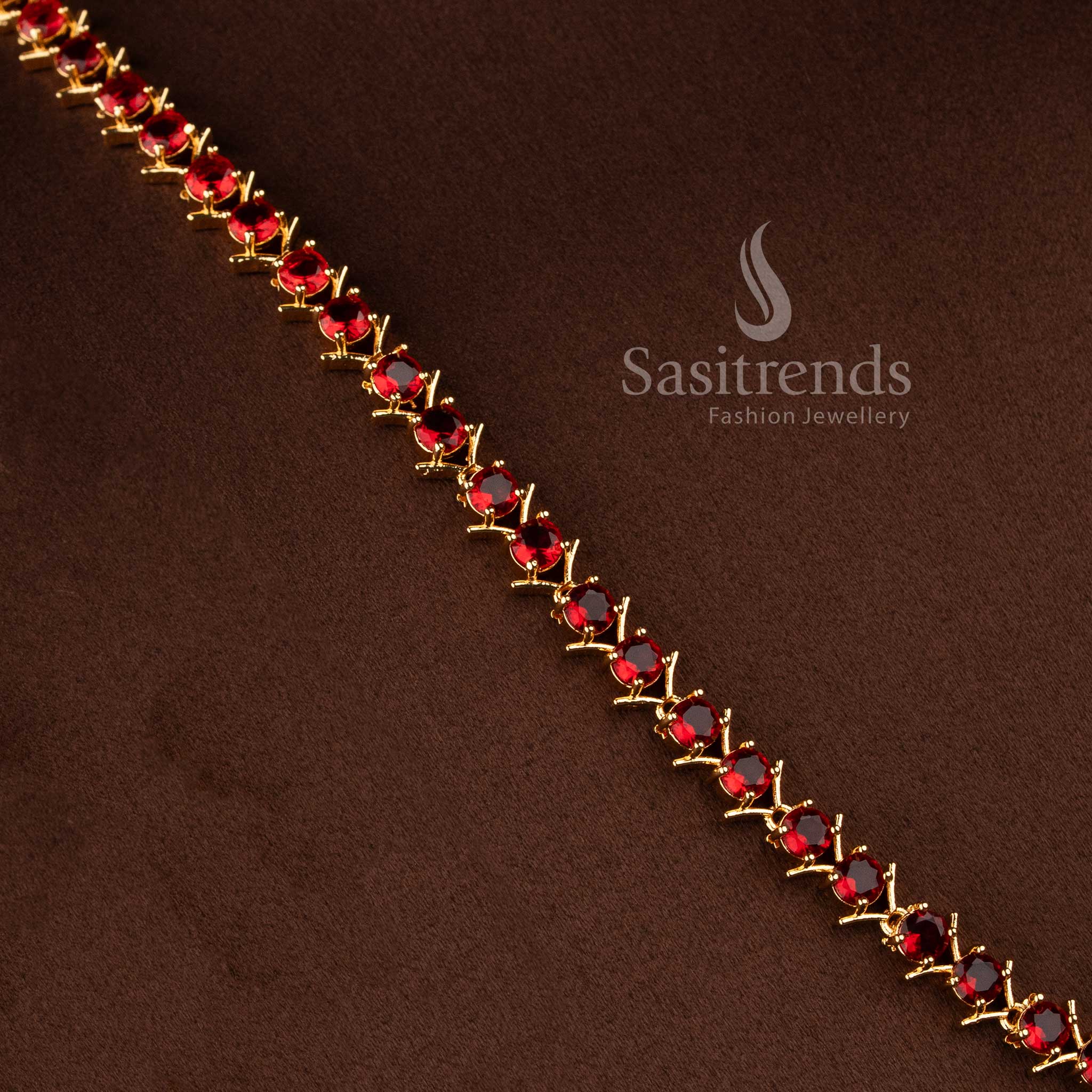Traditional micro gold plated red stone long necklace set with American Diamond accents.