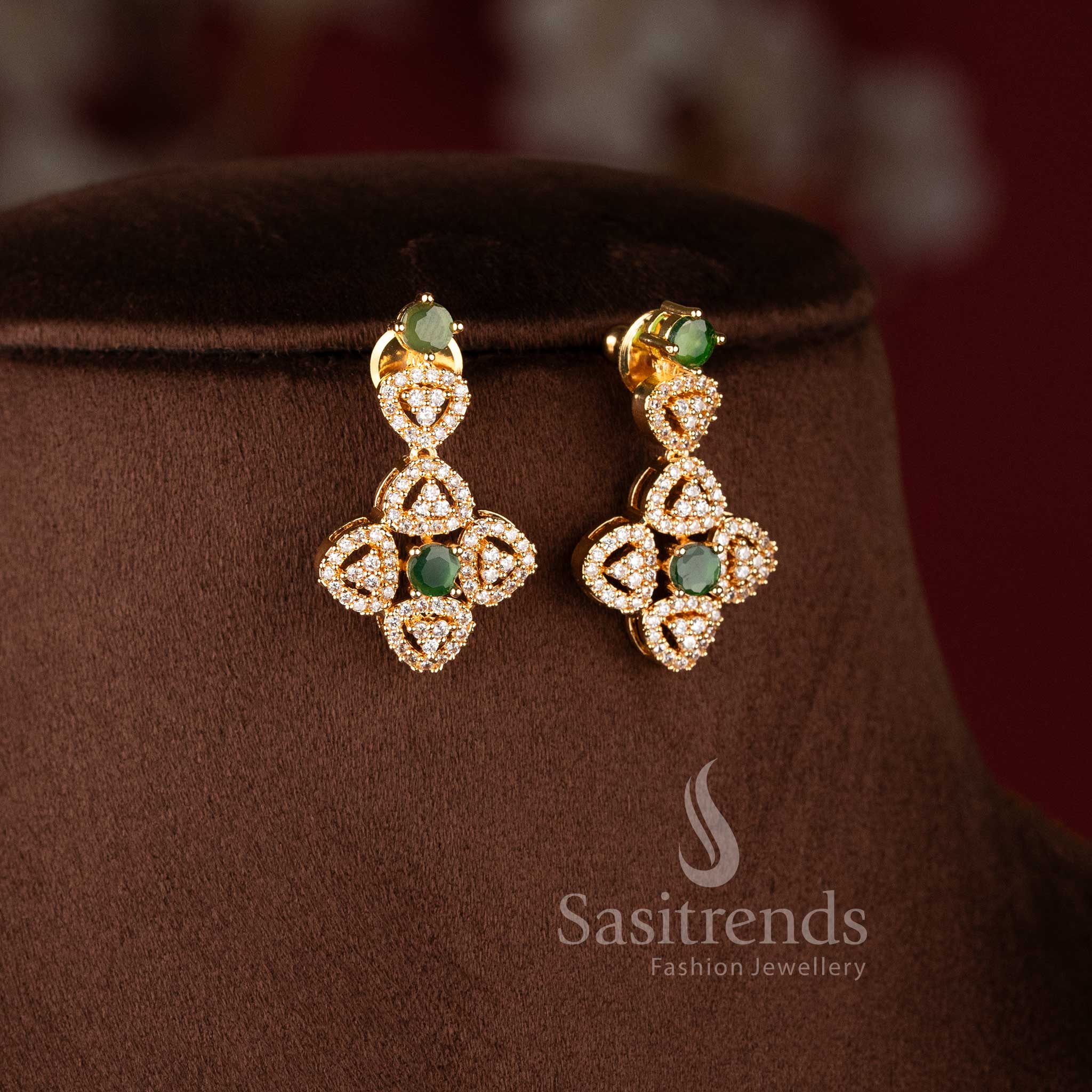 Regal Teardrop Vine white green American Diamond long necklace set by Sasitrends.