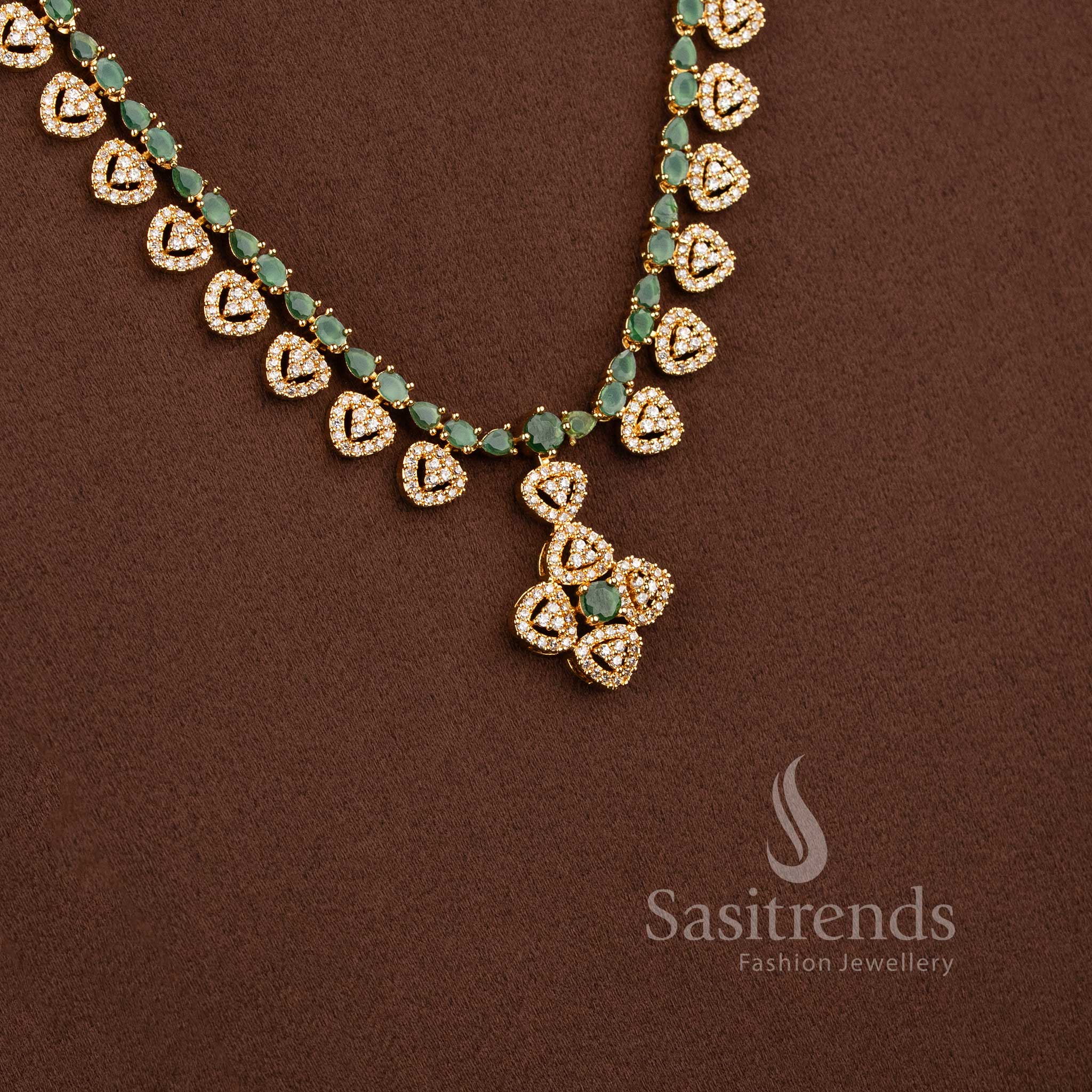 Regal Teardrop Vine white green American Diamond long necklace set by Sasitrends.