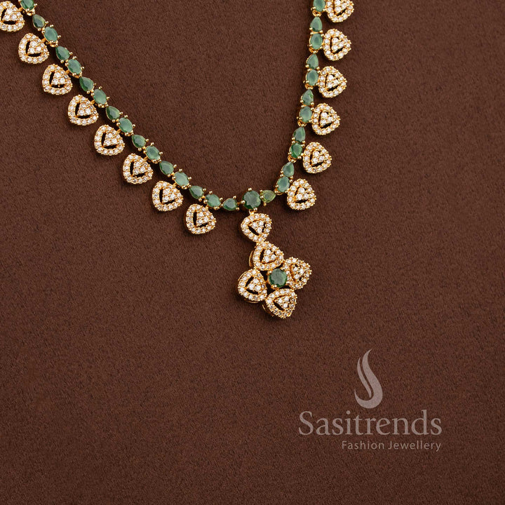 Regal Teardrop Vine white green American Diamond long necklace set by Sasitrends.