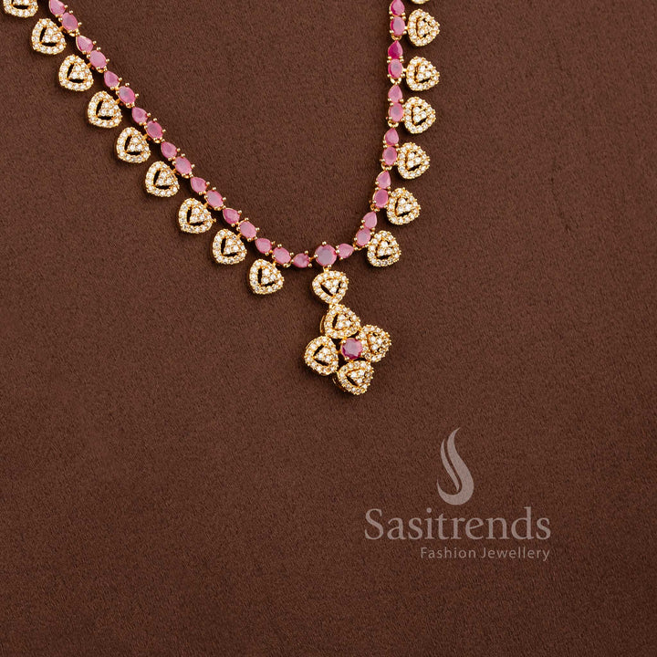 Elegant white ruby AD long necklace jewellery set with teardrop vine design.