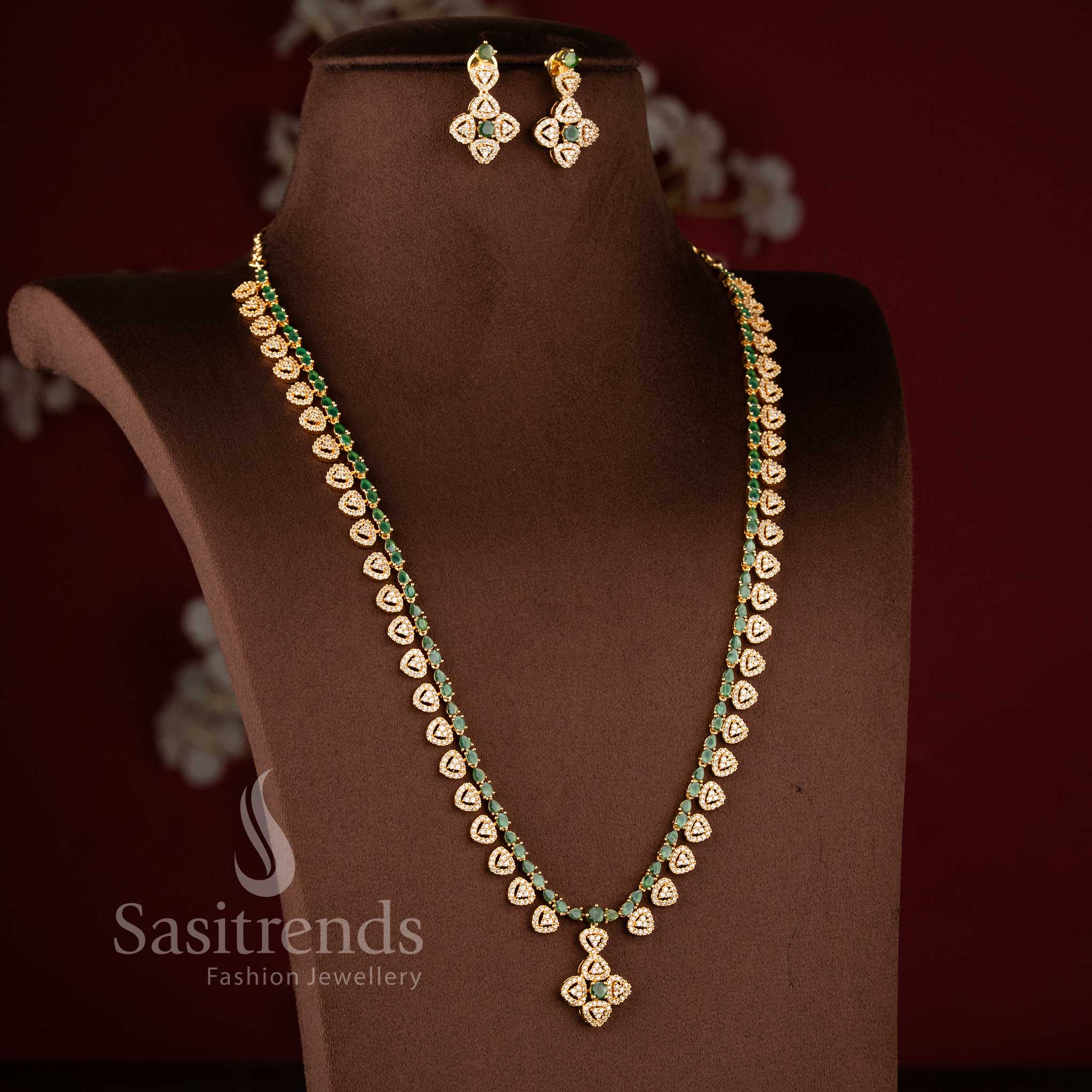 Regal Teardrop Vine white green American Diamond long necklace set by Sasitrends.