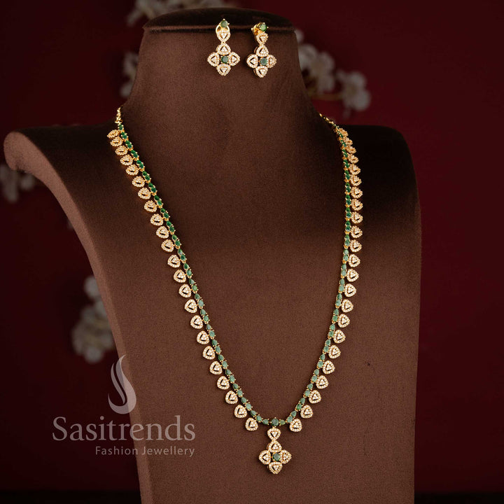 Regal Teardrop Vine white green American Diamond long necklace set by Sasitrends.