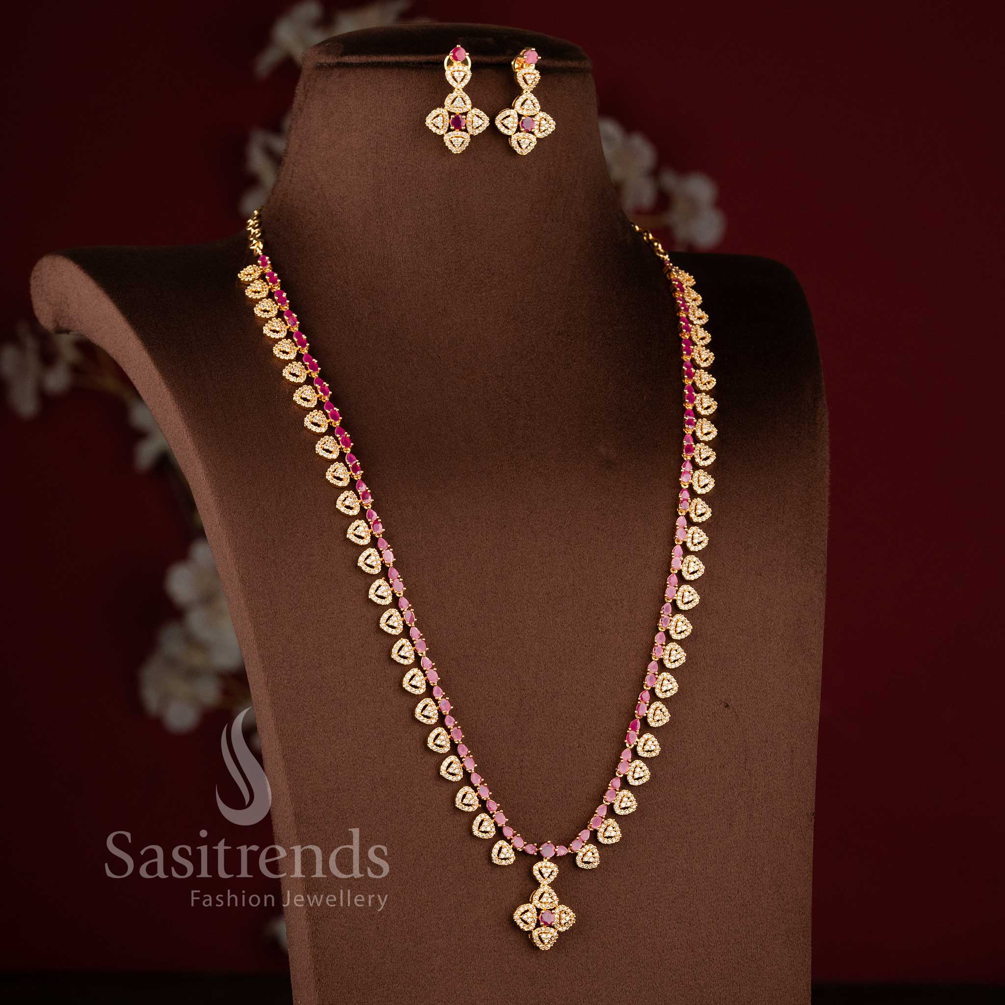 Elegant white ruby AD long necklace jewellery set with teardrop vine design - Sasitrends