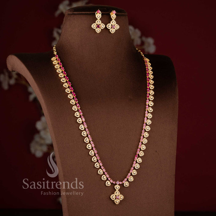 Elegant white ruby AD long necklace jewellery set with teardrop vine design - Sasitrends