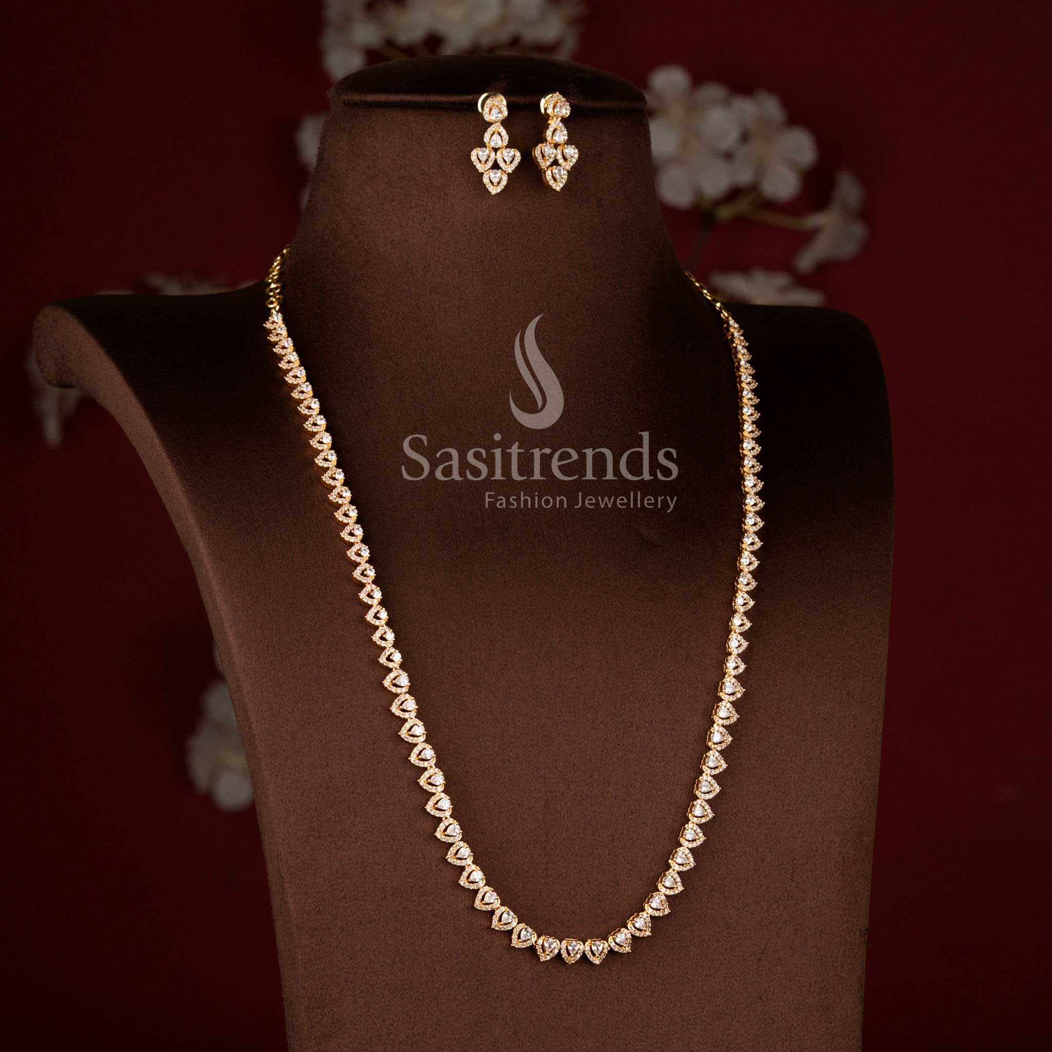 Guaranteed American Diamond Micro Gold Plated Heart Motif Long Necklace Jewellery Set with Sparkling Pear Cut Stones, Look Like Real Gold - Sasitrends
