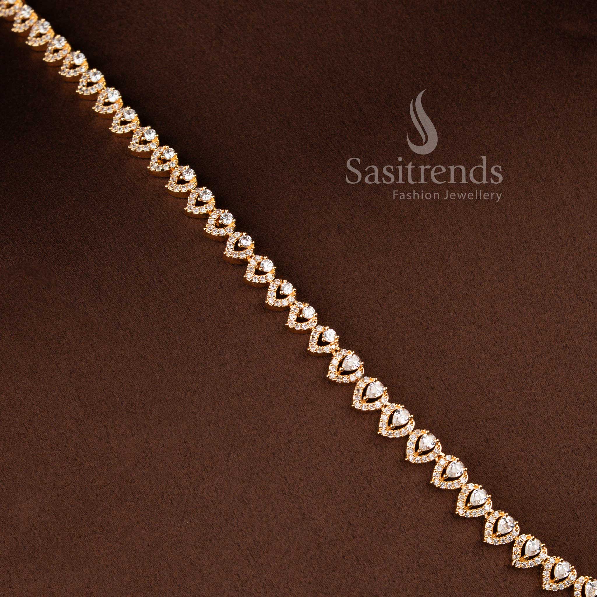Micro Gold Plated American Diamond Heart Design Long Necklace Jewellery Set for Weddings and Festive Occasions - Sasitrends