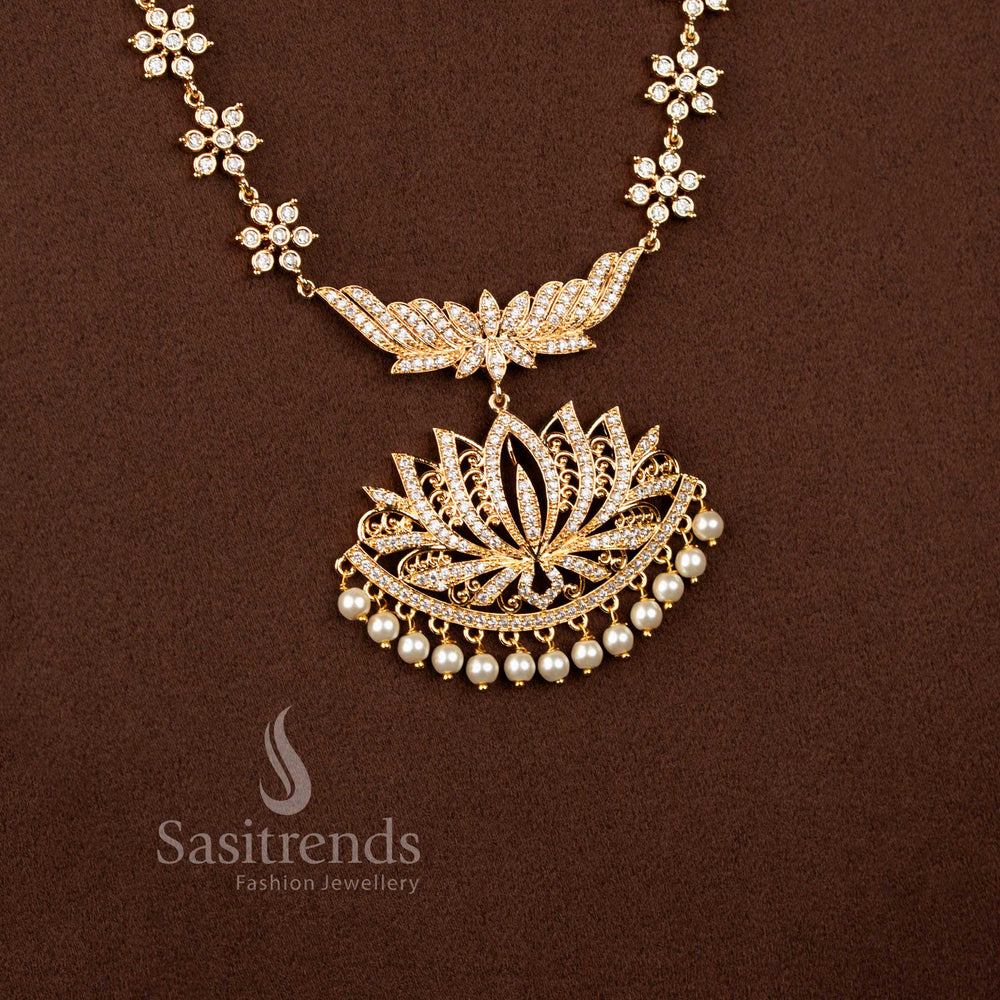 Micro Gold Plated Lotus Pendant Necklace Jewellery Set with Sparkling American Diamond Stones for Weddings and Festive Occasions - Sasitrends