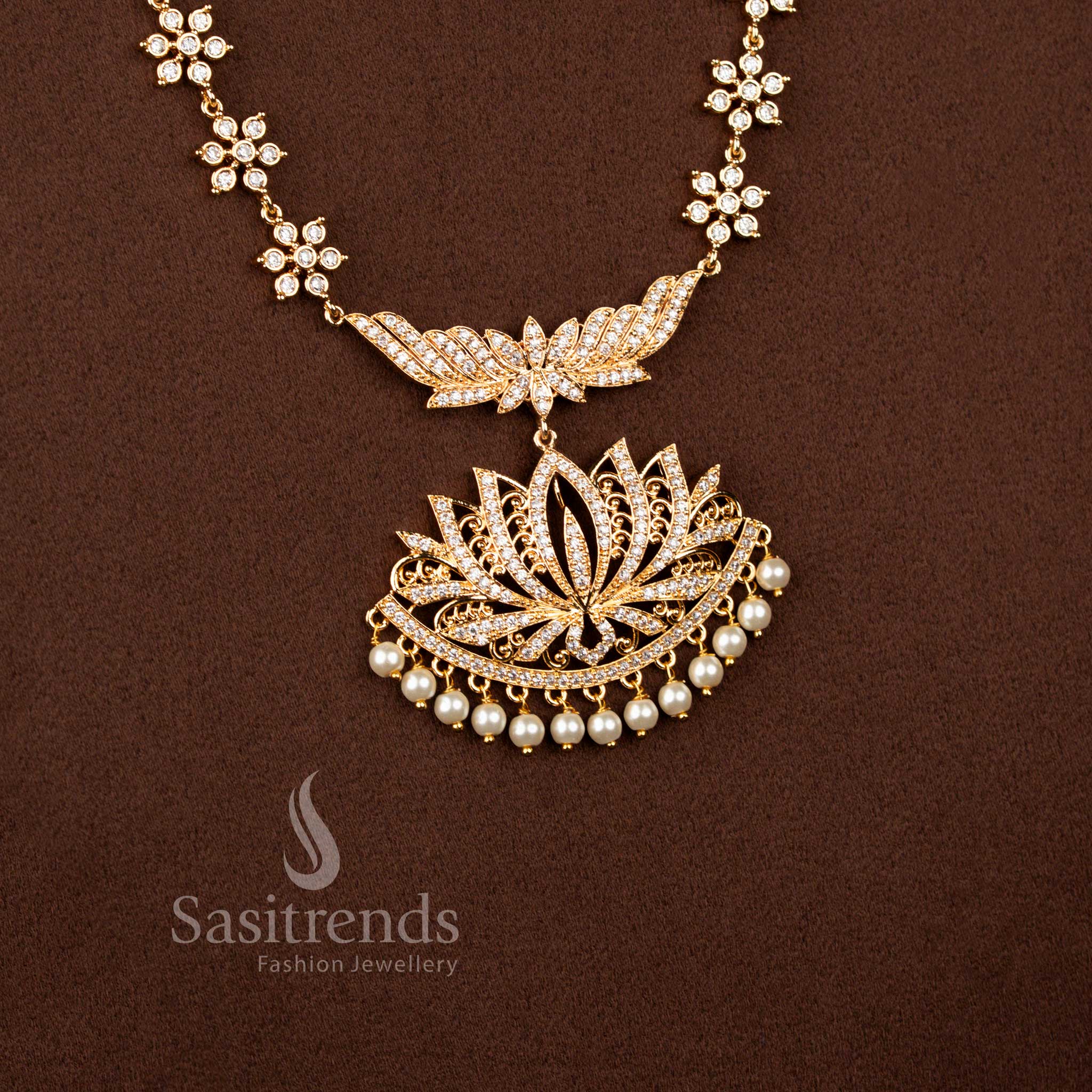 Micro Gold Plated Lotus Pendant Necklace Jewellery Set with Sparkling American Diamond Stones for Weddings and Festive Occasions - Sasitrends