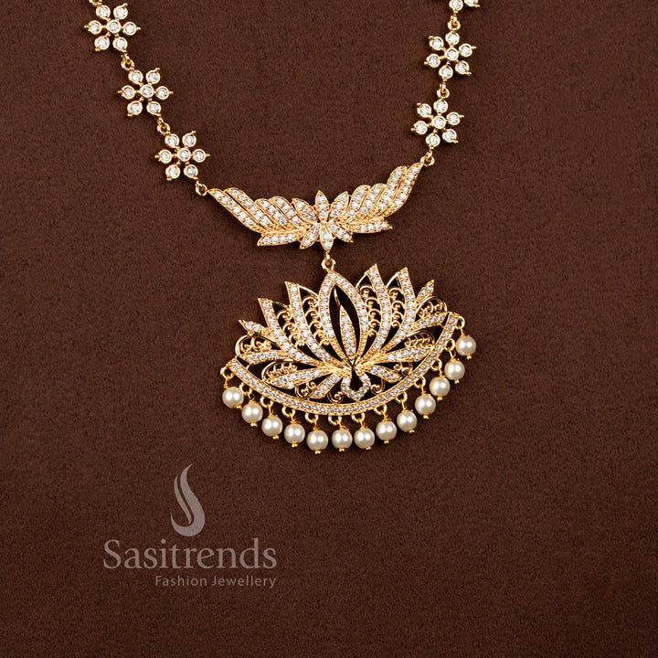 Micro Gold Plated Lotus Pendant Necklace Jewellery Set with Sparkling American Diamond Stones for Weddings and Festive Occasions - Sasitrends