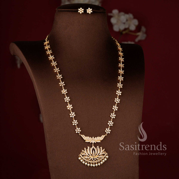 Guaranteed American Diamond Micro Gold Plated Lotus Pendant Necklace Jewellery Set with Matching Designer Earrings, Look Like Real Gold - Sasitrends