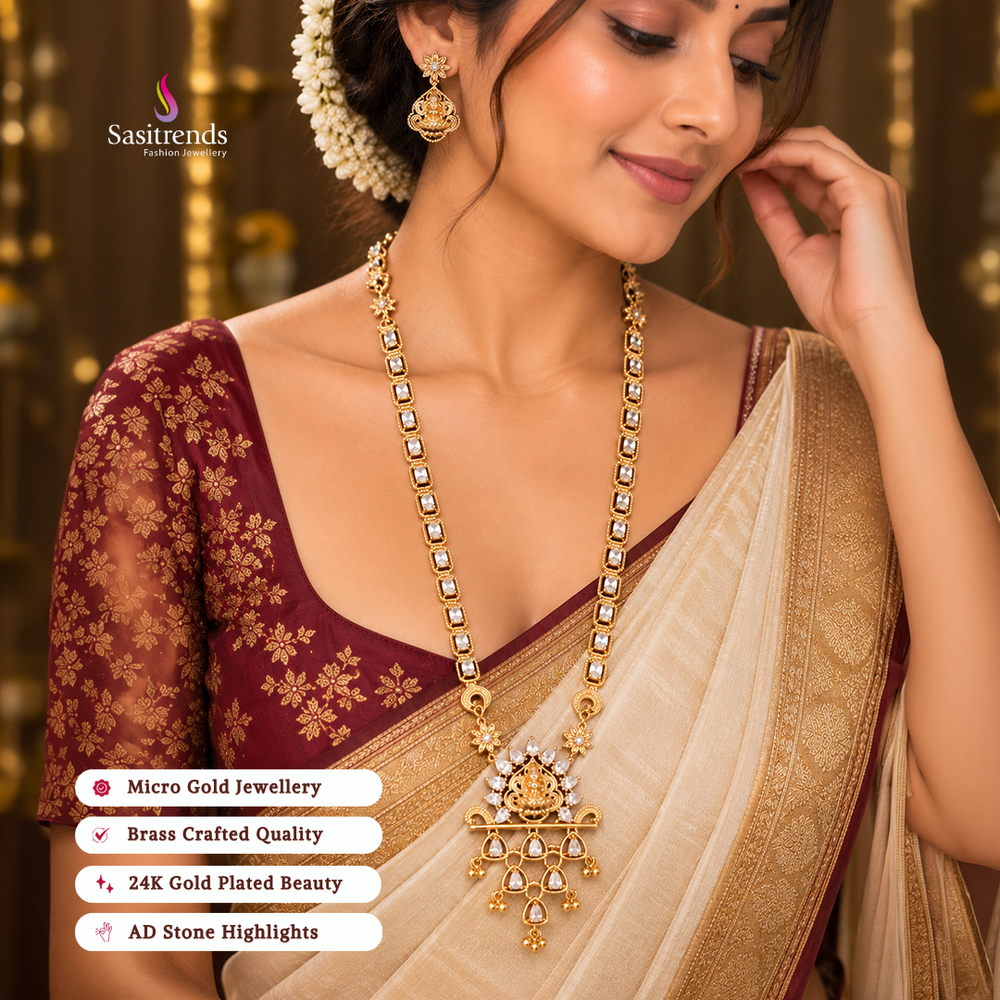 Traditional Micro Gold Plated American Diamond Goddess Lakshmi Oval Box Chain Long Necklace Set - Sasitrends