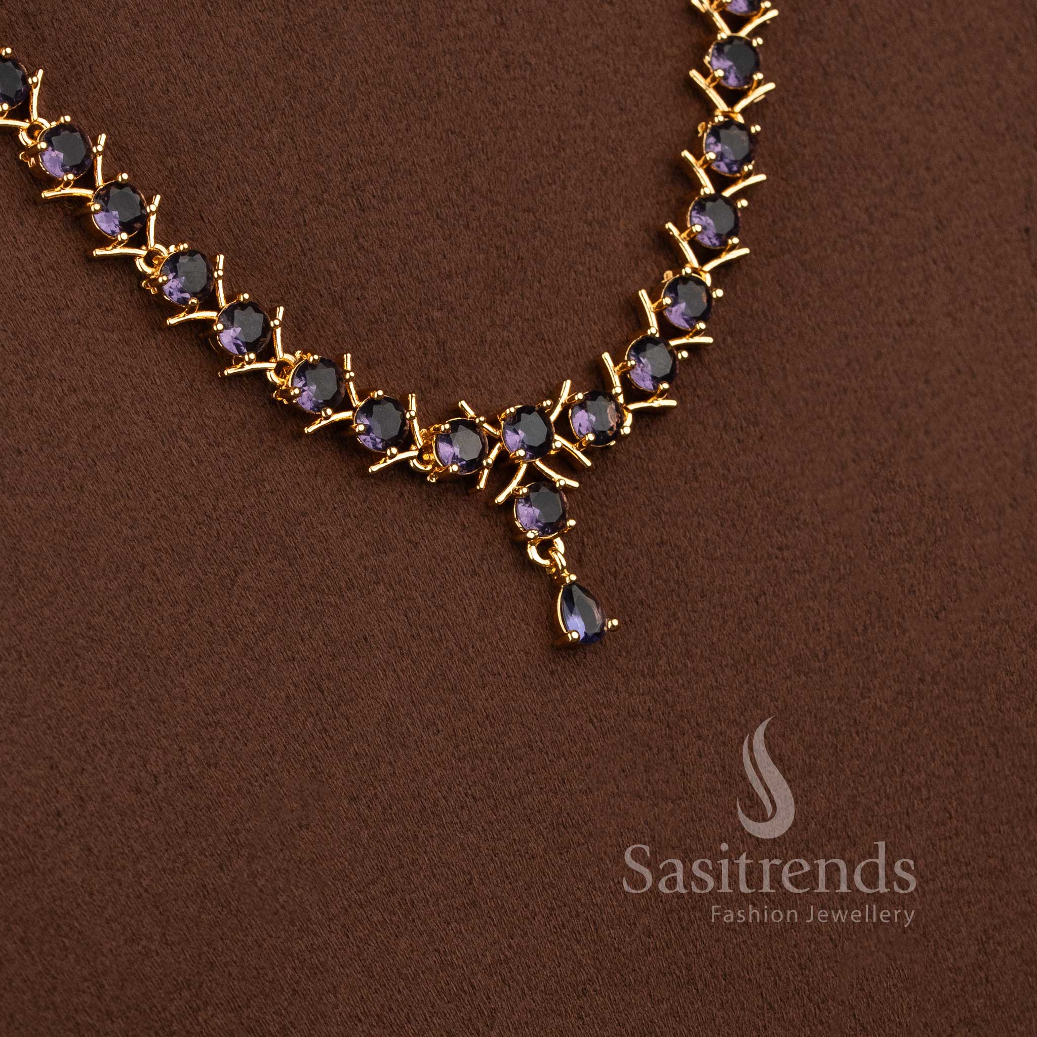 Elegant purple stone long necklace jewellery set with sparkling AD stones for women.