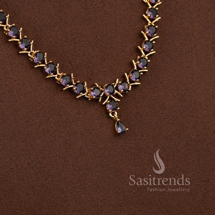 Elegant purple stone long necklace jewellery set with sparkling AD stones for women.
