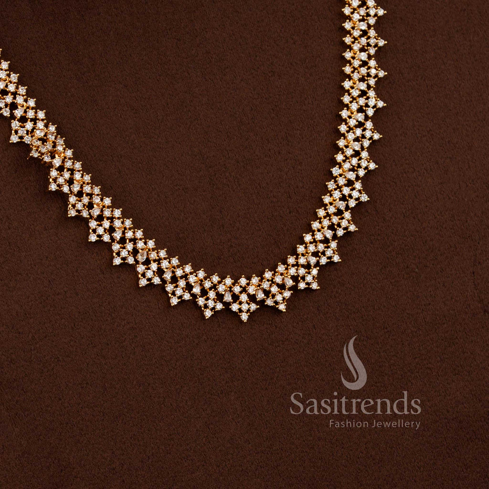 Beautiful American Diamond short necklace, long haram, and earrings jewellery set with elegant craftsmanship - Sasitrends
