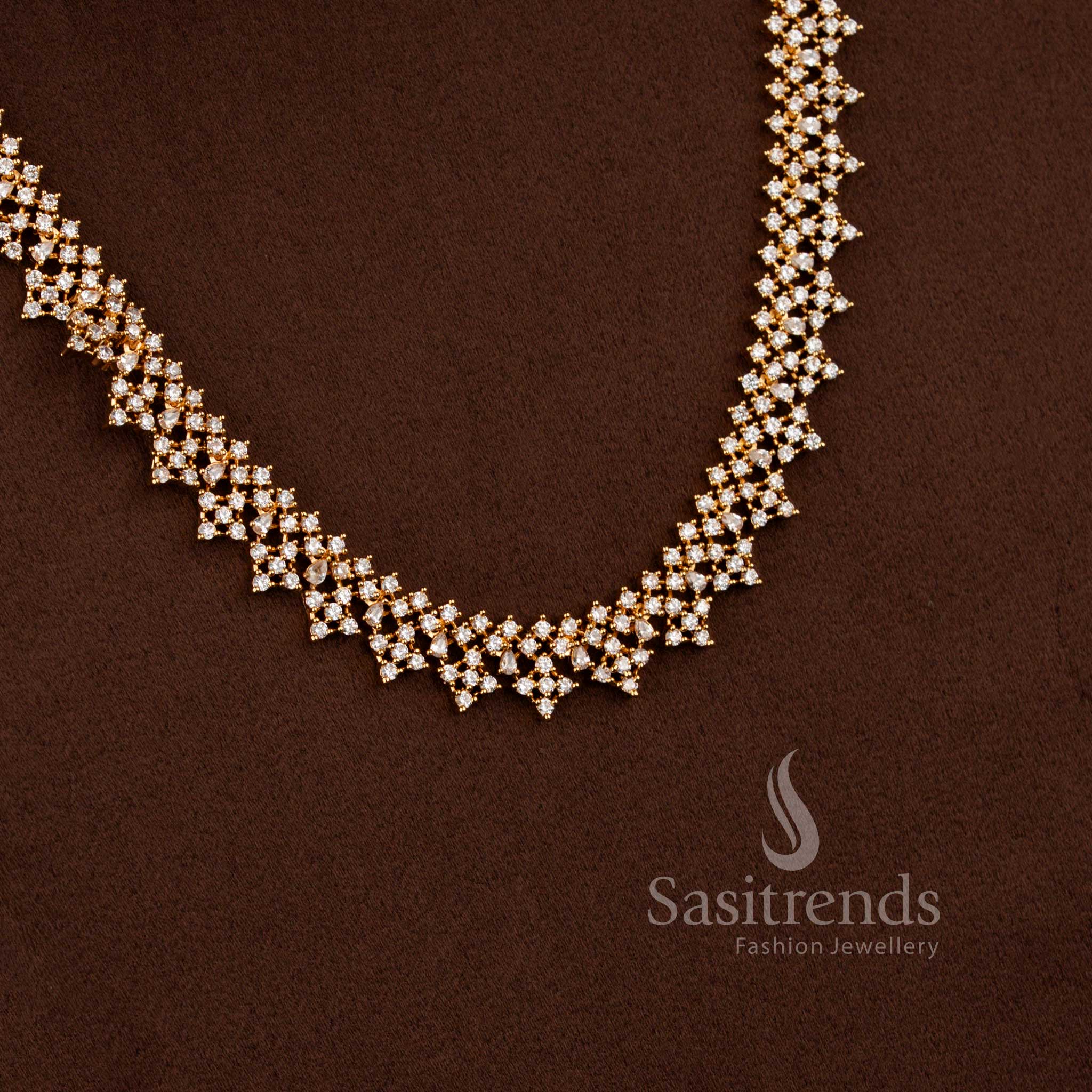 Beautiful American Diamond short necklace, long haram, and earrings jewellery set with elegant craftsmanship - Sasitrends