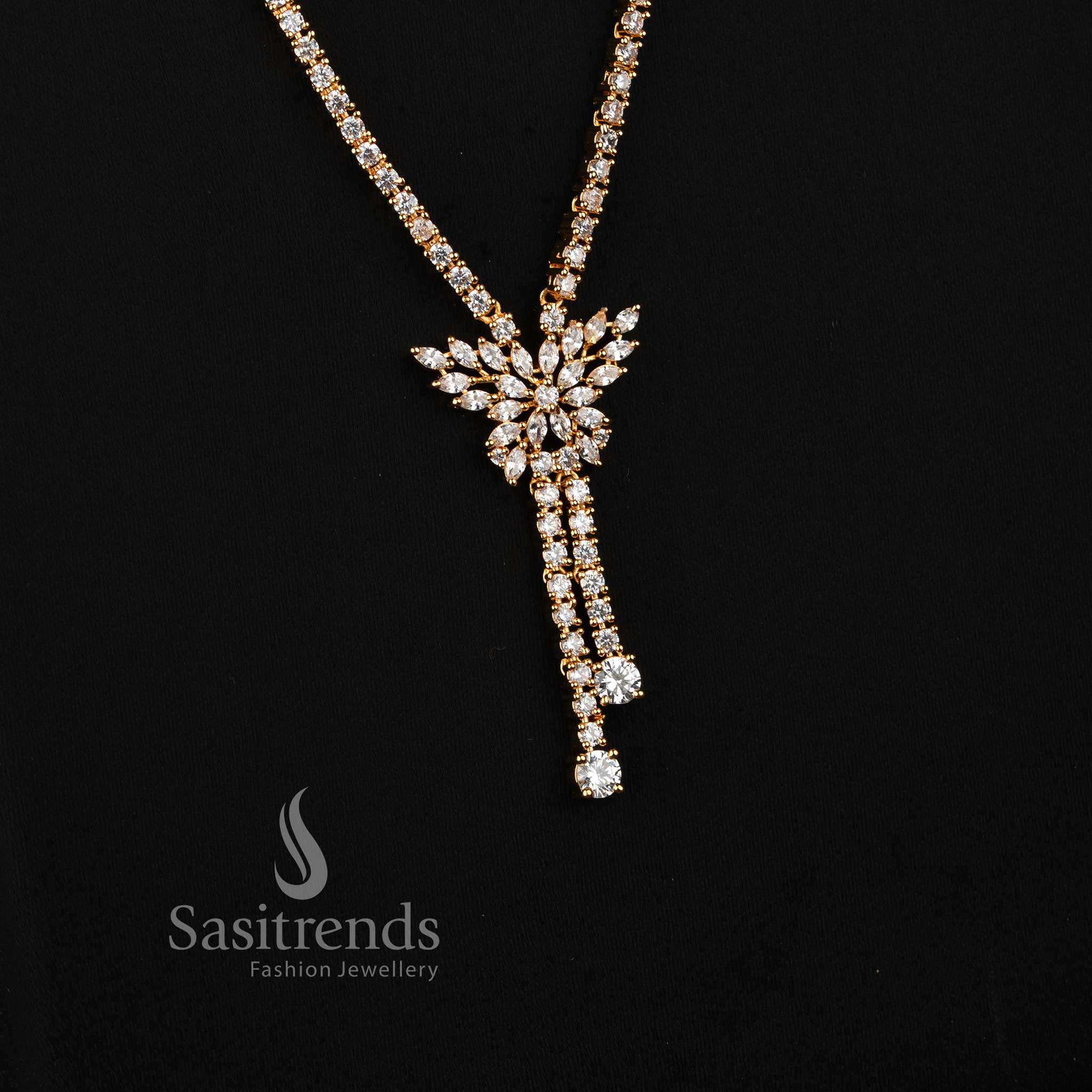 Micro Gold Plated Two-Tier Floral AD Stone Drop Earrings with Matching Long Haram - Sasitrends