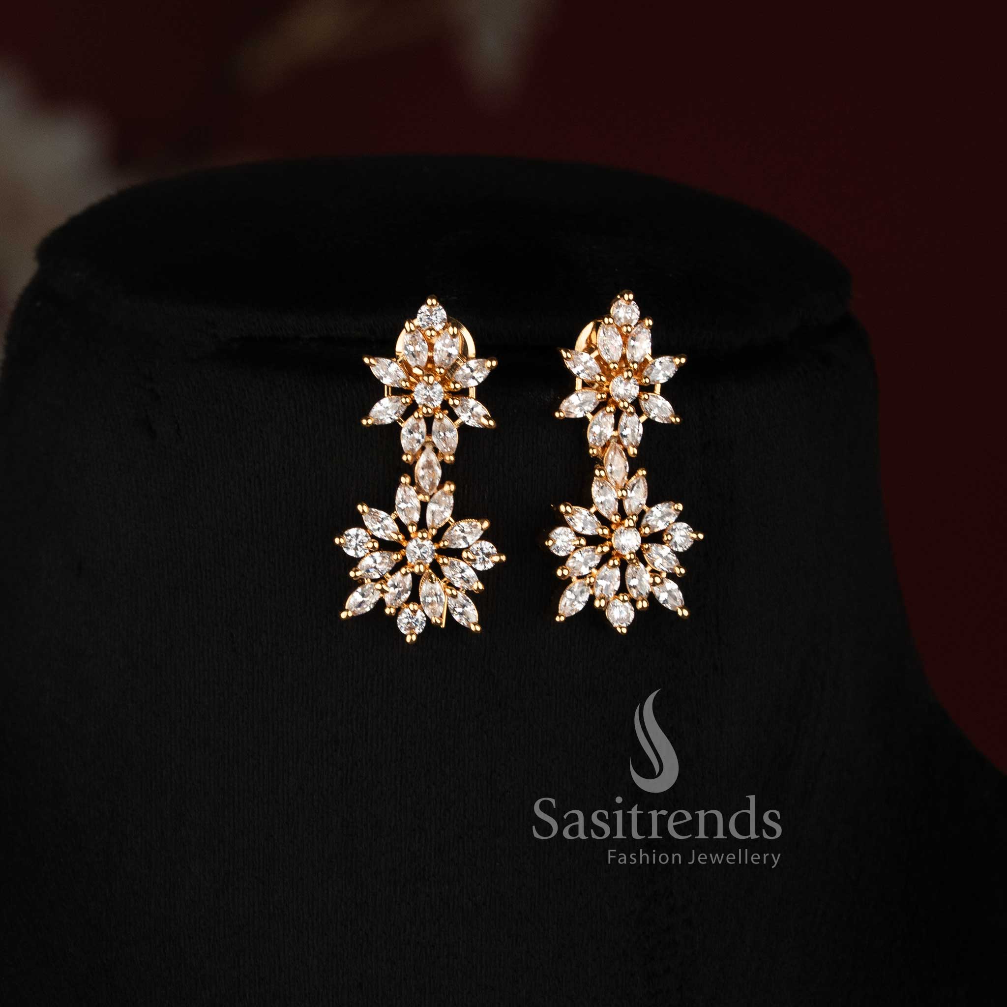Micro Gold Plated American Diamond Floral Long Haram Necklace Set for Women - Sasitrends