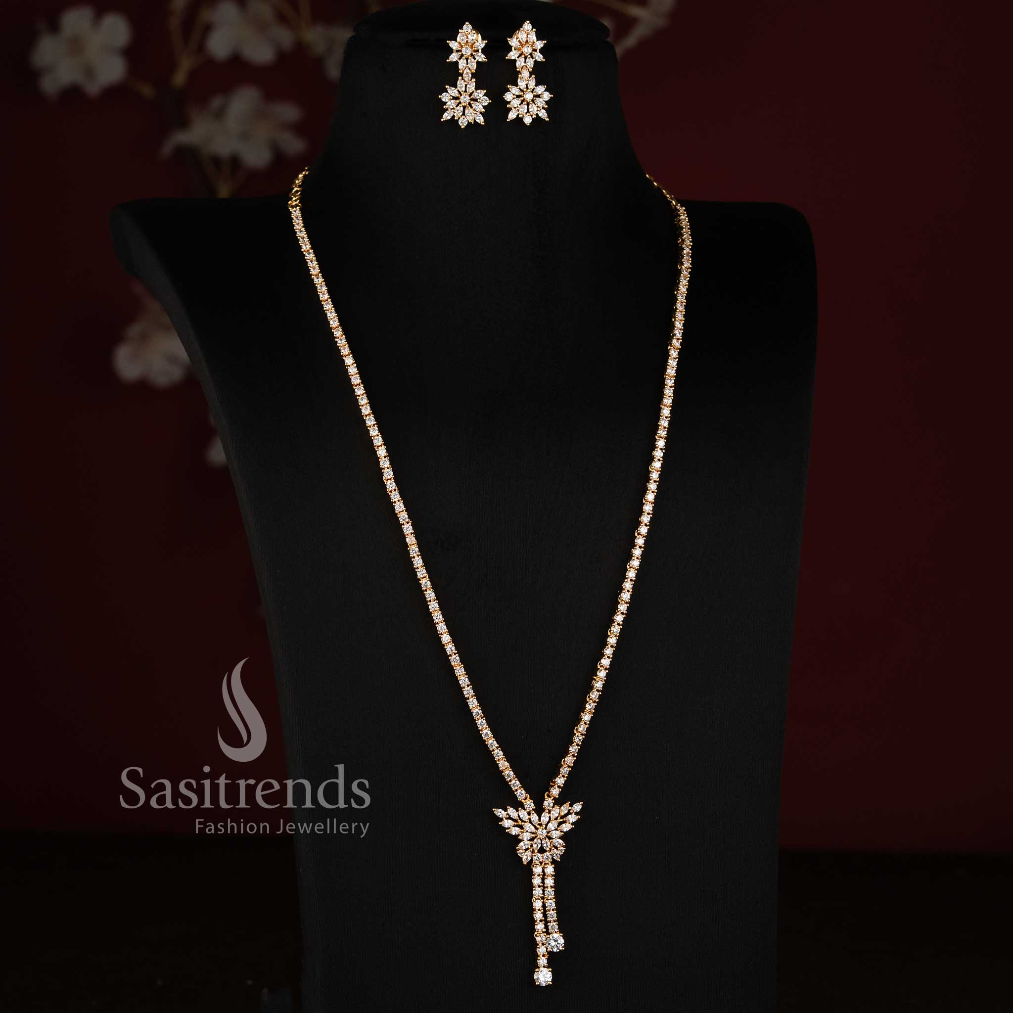 Micro Gold Plated Two-Tier Floral AD Stone Drop Earrings with Matching Long Haram - Sasitrends