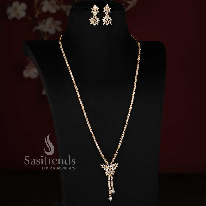 Amazing Micro Gold Plated American Diamond Marquise Floral Long Necklace Jewellery Set with Two-Tier Drop Hanging Earrings - Sasitrends