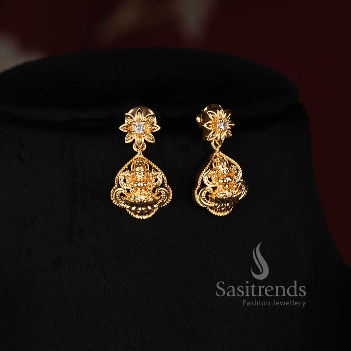 Goddess Lakshmi Pendant with Pear Shaped AD Halo and Hanging Stone Drops - Sasitrends