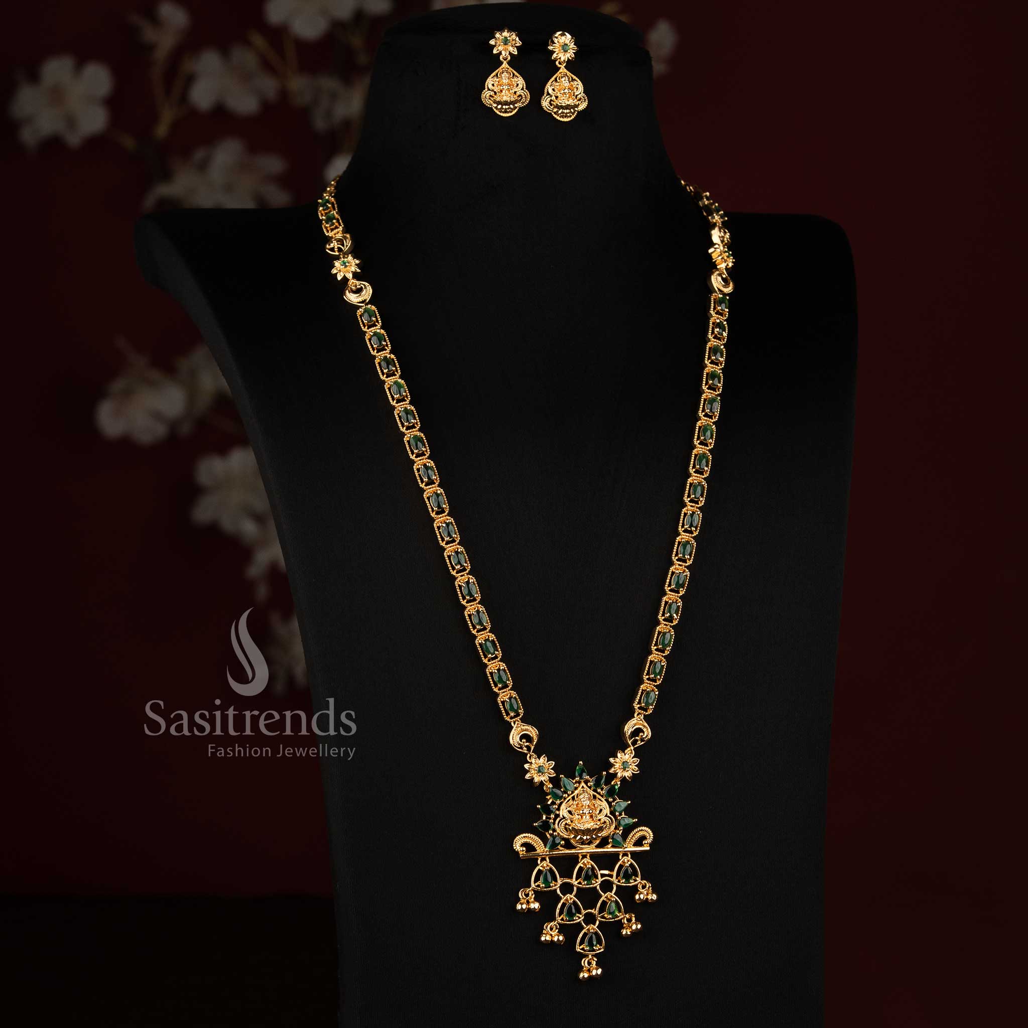 Micro Gold Plated American Diamond Lakshmi Long Haram Necklace Set for Women - Sasitrends