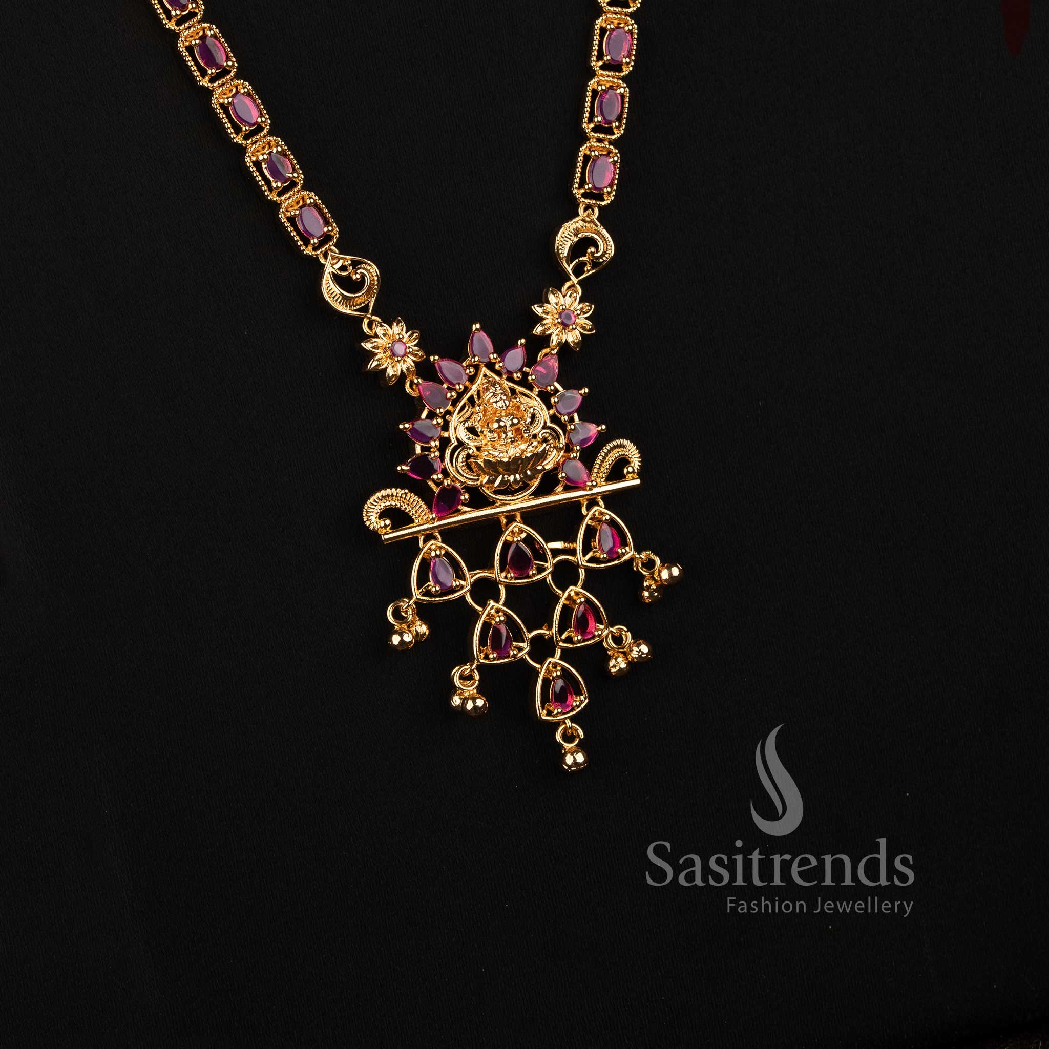 Micro Gold Plated American Diamond Goddess Lakshmi Oval Box Chain Long Haram Necklace Set - Sasitrends