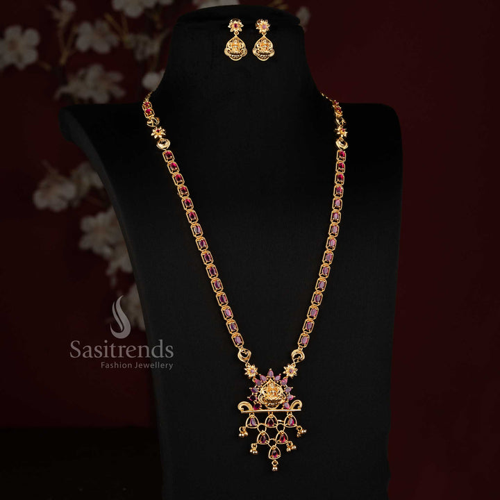 Micro Gold Plated American Diamond Goddess Lakshmi Oval Box Chain Long Haram Necklace Set - Sasitrends
