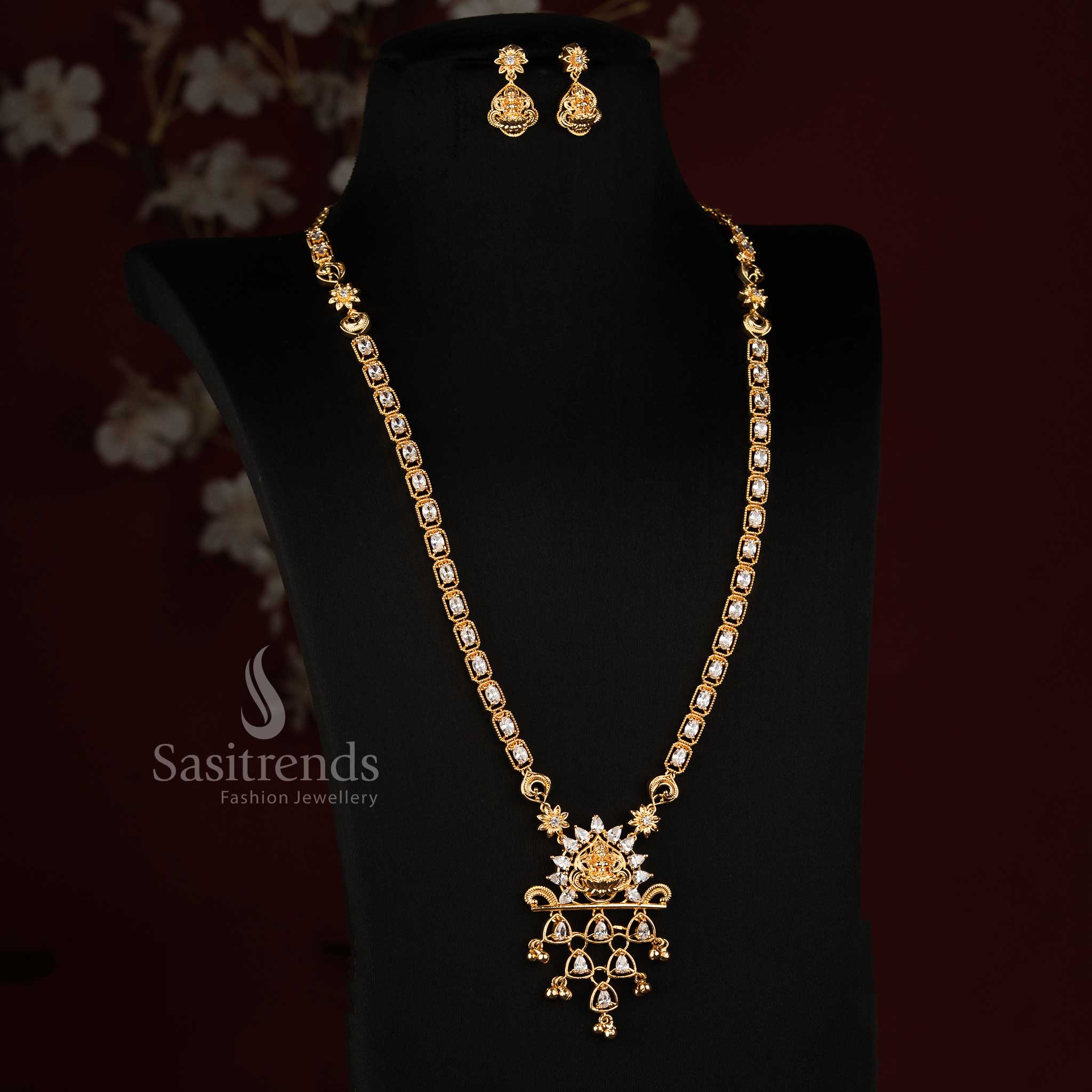 Micro Gold Plated American Diamond Lakshmi Long Haram Necklace Set for Women - Sasitrends