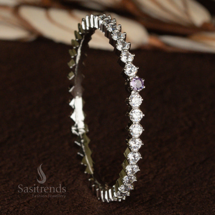 Royal rhodium silver plated bracelet bangle with deep purple stones, inspired by artistic floral motifs and enriched with American diamond brilliance - Sasitrends