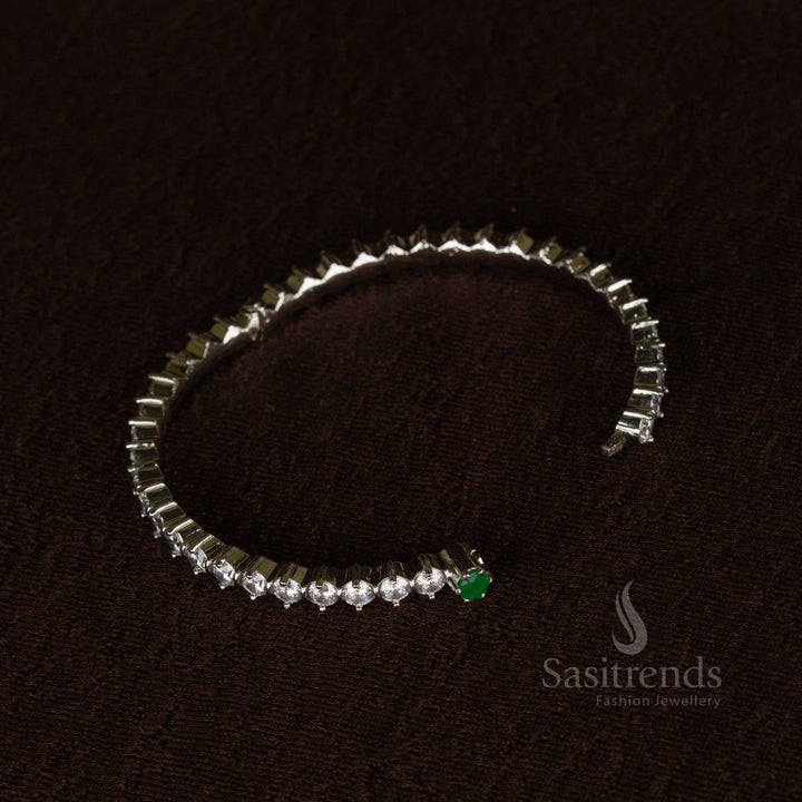 Ethereal rhodium finish openable bracelet bangle with deep green stones, meticulously designed for an elegant and graceful appeal - Sasitrends