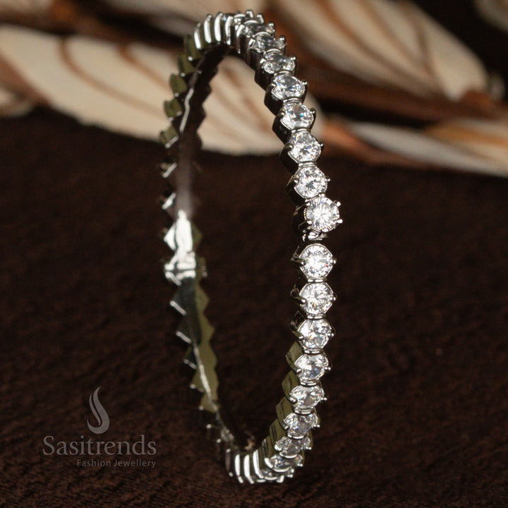 Celestial rhodium plated bracelet bangle with gleaming big round white stones and intricate diamond embellishments for a classic and sophisticated touch - Sasitrends