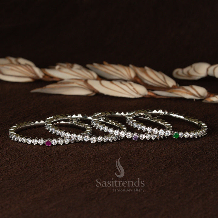 Regal rhodium plated bracelet bangle adorned with big round stones and sparkling American diamonds, crafted for festive grandeur - Sasitrends