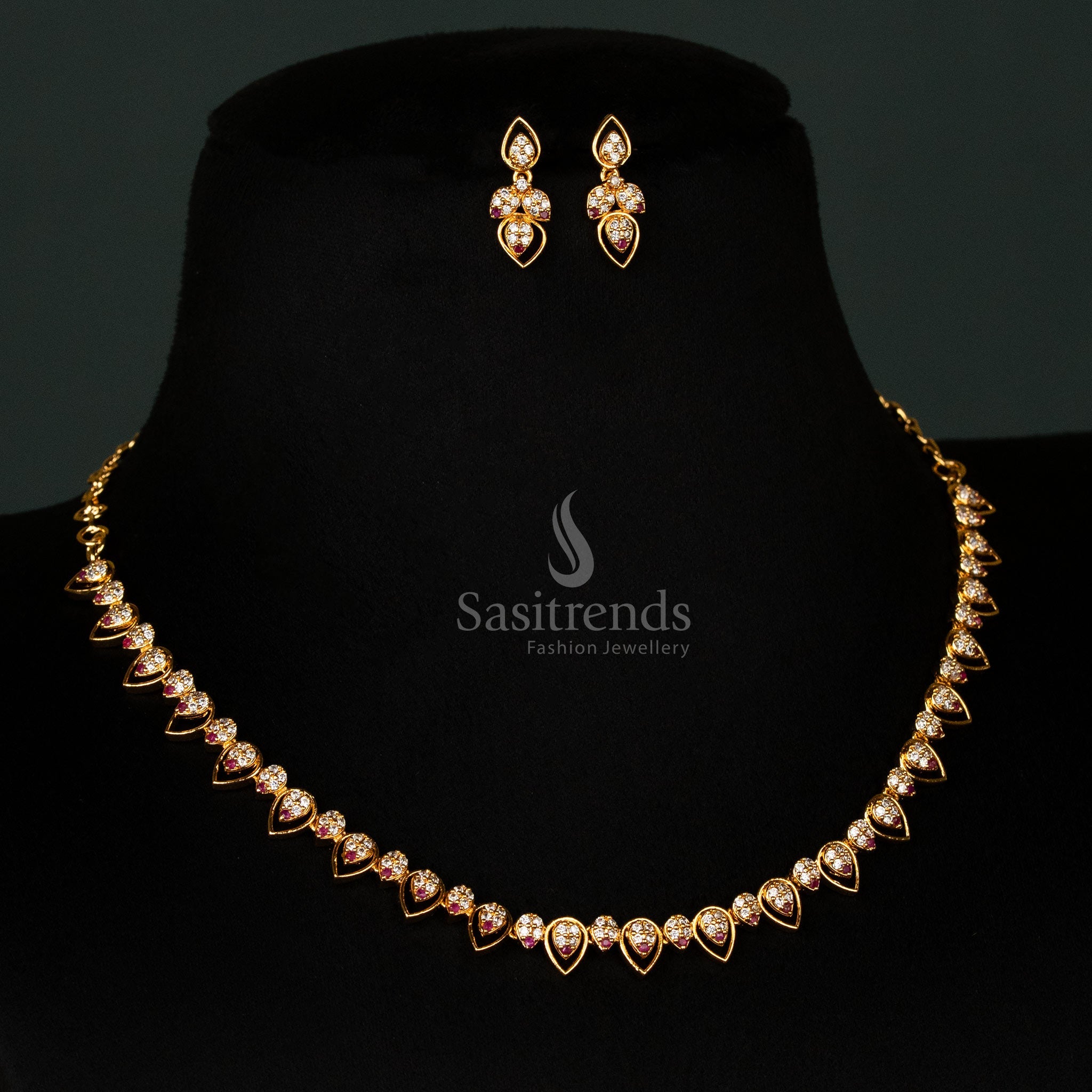 Micro Gold Plated AD Stone Water Drop Necklace Set for Traditional Wear - Sasitrends